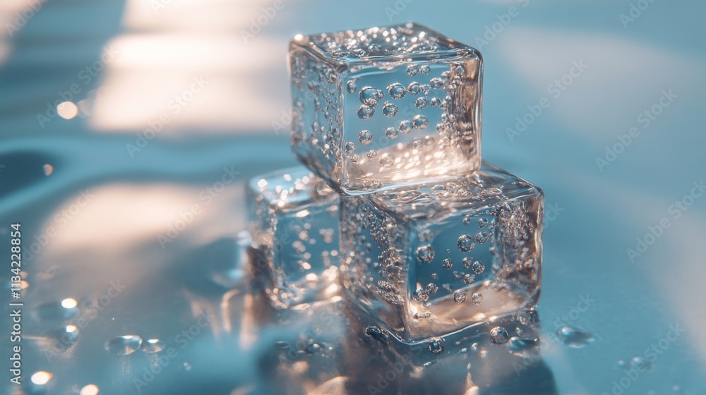 Aufkleber clear ice cubes with bubbles on water surface and sparkling light