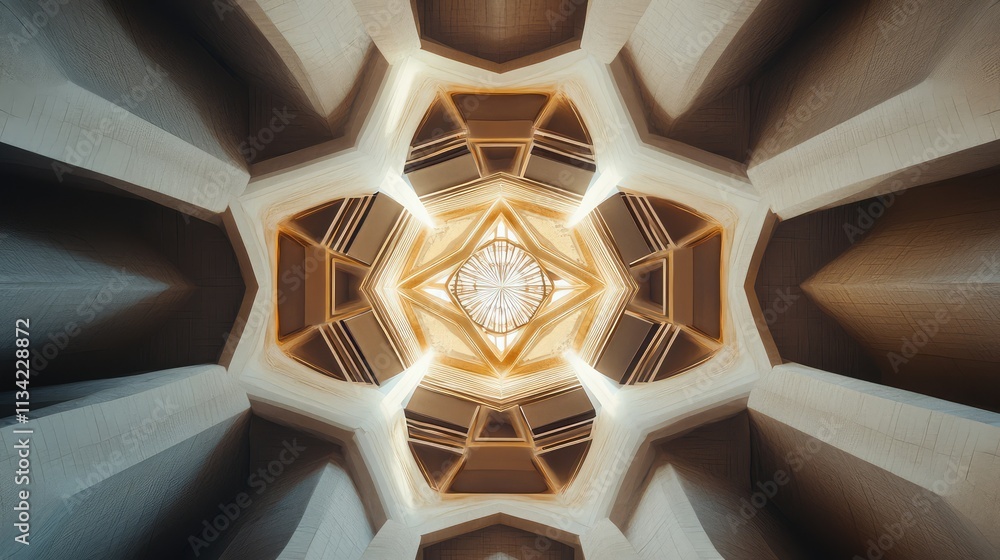 Poster a fractal-inspired ceiling pattern in a large, open space, with repeating geometric shapes and perfe