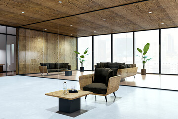Modern interior with wooden accents, floor-to-ceiling glass walls, comfortable furniture, plants, and a city view. 3D Rendering