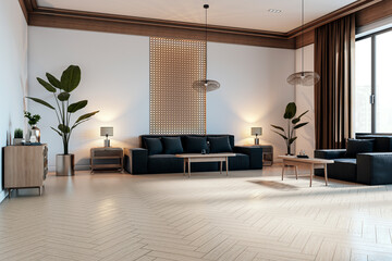 Modern spacious living room with wooden accents, black sofas, cozy lighting, and decorative plants...