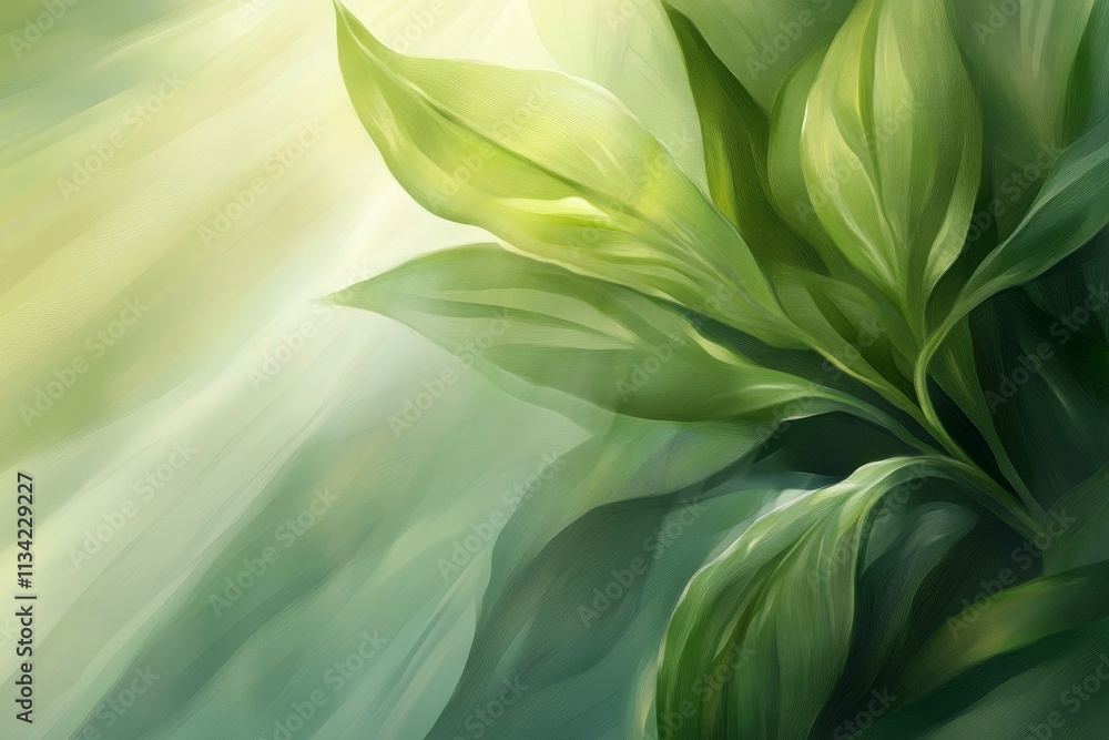 Poster lush green leaves with soft light background creating a serene and refreshing atmosphere for nature-