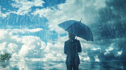 Person with umbrella in rain, symbolizing unpredictable weather.
