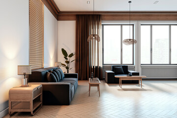 Modern living room with wooden accents, cozy furniture, and large windows overlooking the city, showcasing a bright and spacious design. 3D Rendering