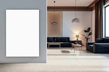 Blank white canvas on grey wall with stylish living room, modern furniture, and large window in luxury apartment. 3D Rendering