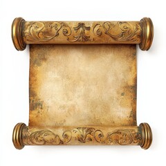 An antique scroll with ornate golden ends, featuring a textured, aged paper surface, suitable for decorative or artistic purposes.