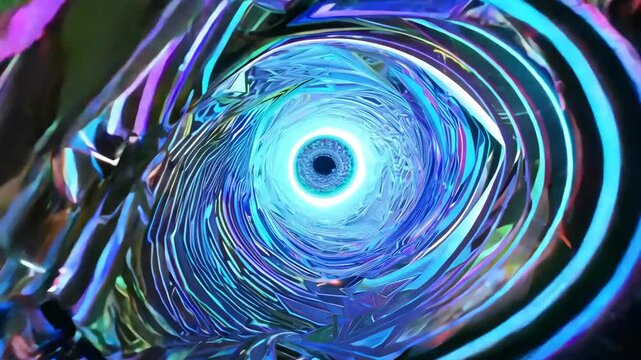 Mesmerizing Spinning Spiral with Iridescent Geometric Shapes