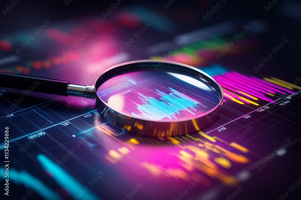 Poster magnifying glass focusing on colorful data visualization on dark background for analysis and insight