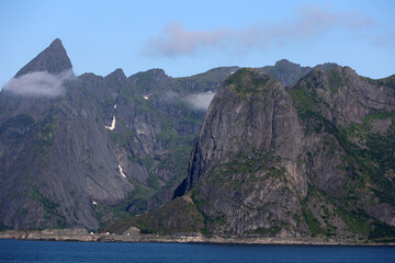 Fantastic mountain landscape on the coast of the island of Moskenes, Lofoten, Norway 