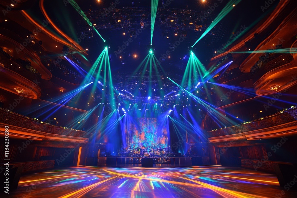 Poster majestic event space with vibrant light show and colorful laser beams creating a dynamic atmosphere 