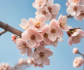 Flores de melocotonero rosadas en una rama, destacando bajo un cielo azul claro y soleado.