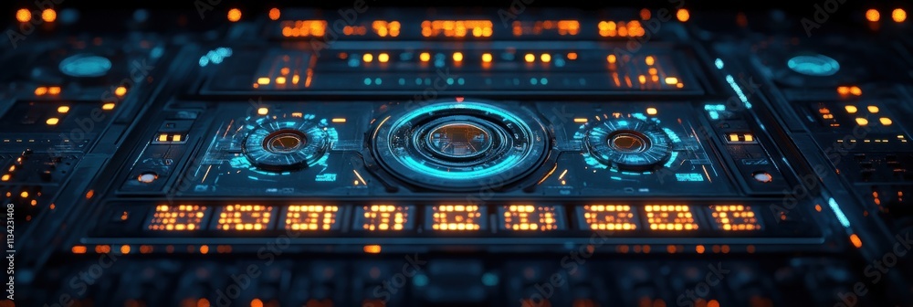 Poster a futuristic control panel with glowing buttons and displays, suggesting advanced technology.