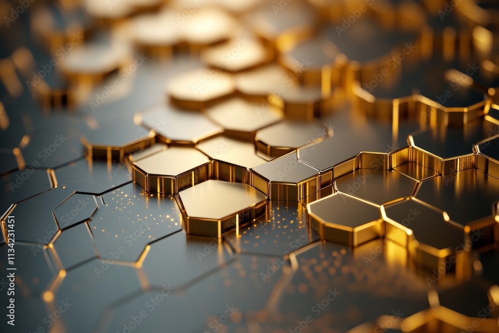 Poster intricate golden honeycomb pattern reflecting modern design elements and technological innovation in