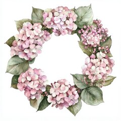 A beautiful floral wreath featuring delicate pink blooms and green leaves, perfect for decoration or as a symbol of nature's beauty.