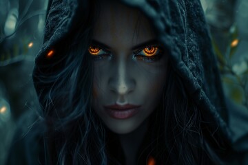 A mysterious figure with glowing eyes in a dark hooded cloak surrounded by nature.