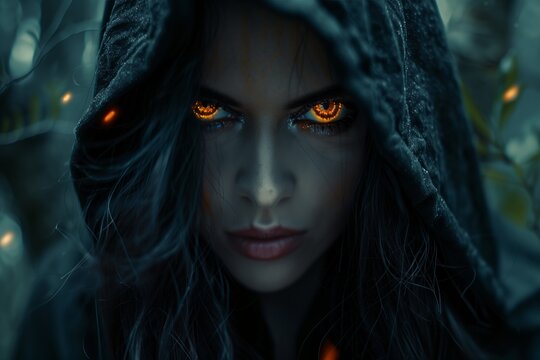 A mysterious figure with glowing eyes in a dark hooded cloak surrounded by nature.
