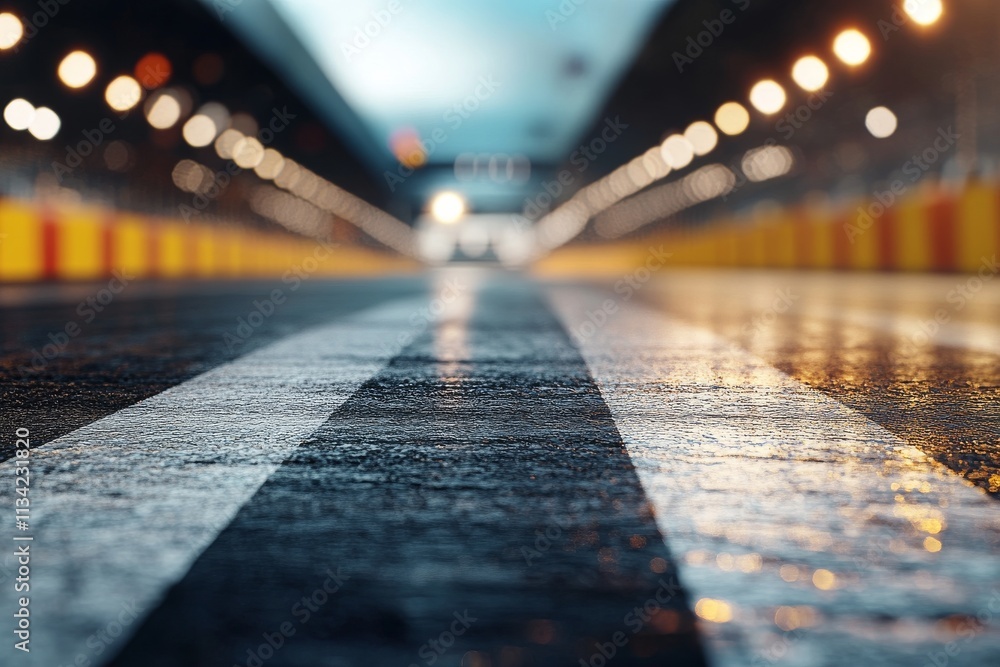 Poster racing track at dusk with illuminated lights and wet surface creating a dynamic atmosphere for motor
