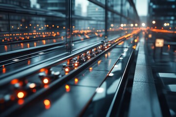 Urban evening view of illuminated rail tracks reflecting city lights in the background