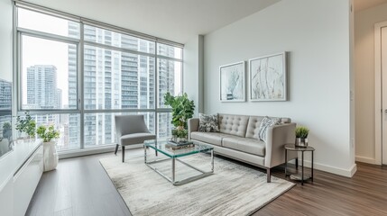 Fototapeta premium Modern living room with city view.