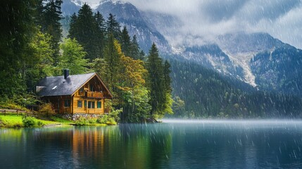 Fototapeta premium Traditional house on lake in mountain forest with rain