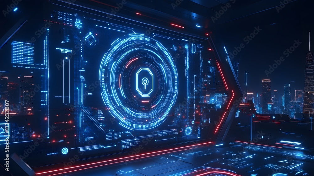 Poster futuristic digital interface with glowing holographic display showing data and city skyline.