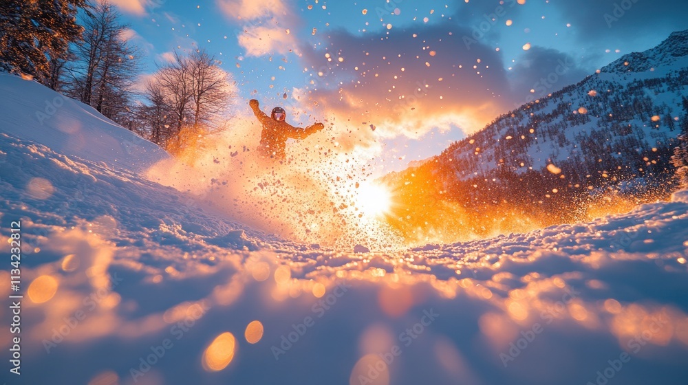 Poster a person joyfully plays in the snow, creating a sparkling effect against a sunset backdrop.