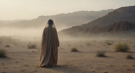 Biblical character on desert. back view of Woman going to holy lands