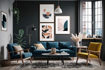 Thematic Art Frame Arrangement for Modern Scandinavian Loft Interiors