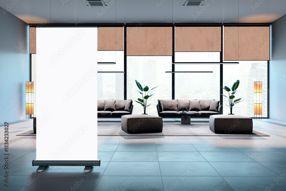 Poster Blank roll-up banner in a modern office interior with a seating area and large windows. 3D Rendering