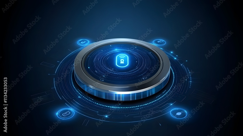 Aufkleber futuristic digital interface with a central security lock icon surrounded by glowing blue circles an
