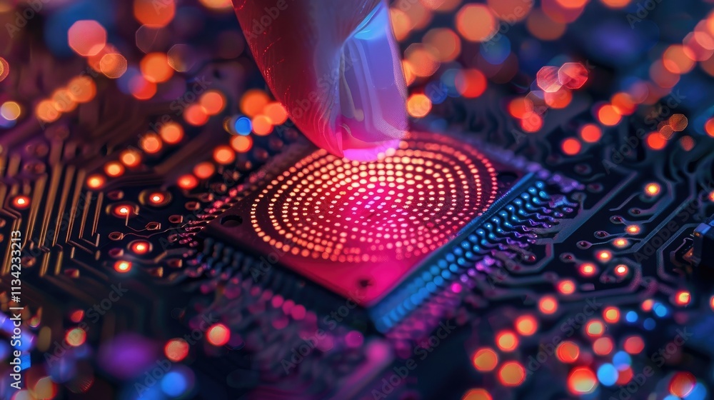 Poster a finger touching a glowing microchip on a circuit board, showcasing technology and innovation.