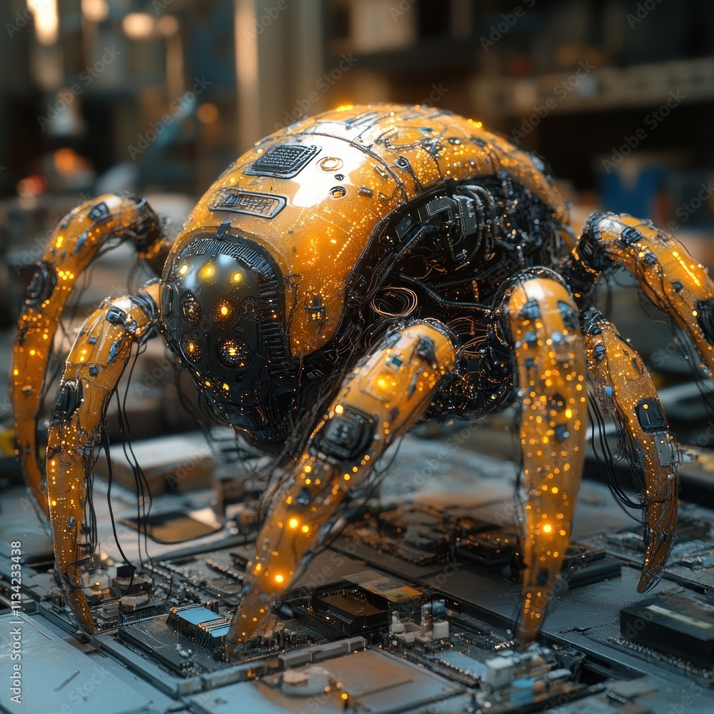 Poster a robotic spider with glowing features on a circuit board, blending technology and art.