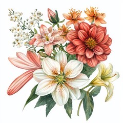 Obraz premium A vibrant bouquet featuring a variety of flowers in different colors and shapes, showcasing nature's beauty and botanical diversity.