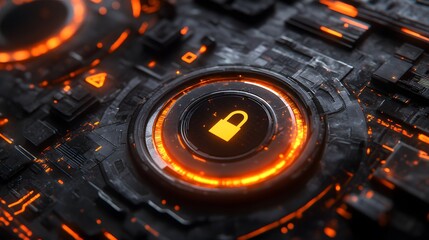 Futuristic digital security lock interface glowing orange on dark metallic background.