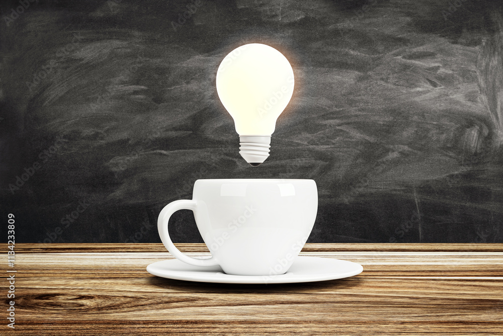Poster white coffee cup on wooden table with glowing light bulb floating above, chalkboard wall background,