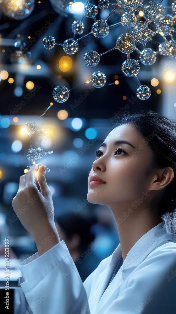 Poster young scientist engaged in molecular research with light reflections and bokeh effects in a high-tec