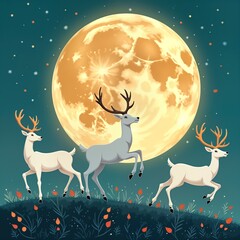 Three white deer leap across teal blue night sky. Large golden moon hangs in background. Deer appear to running, elegant horns clearly visible. Sense of freedom, magic conveyed by scene. Nature