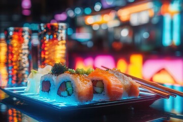 A futuristic sushi platter with glowing, translucent fish slices and metallic chopsticks, with the vibrant sci-fi bar softly blurred in the background. Neon-inspired dining .