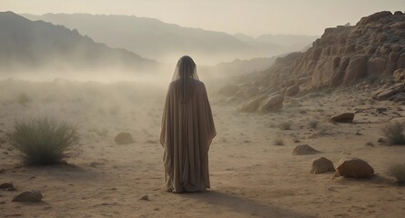 Biblical character on desert. back view of Woman going to holy lands