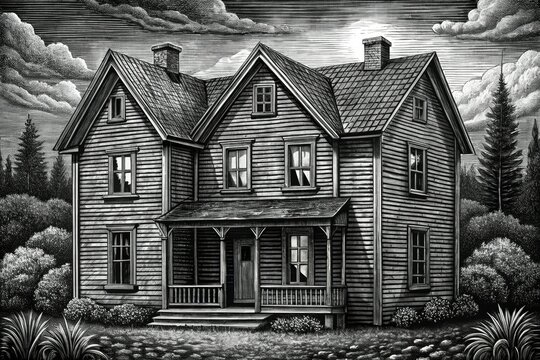 Hand-drawn scratchboard engraving: an old house with black and white wooden windows.