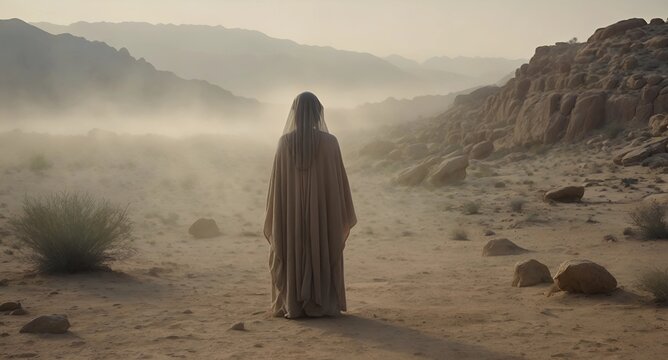 Biblical character on desert. back view of Woman going to holy lands