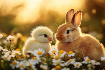 Fototapeta premium A charming scene of a fluffy yellow chick and a soft brown bunny nestled among daisies in a sunlit meadow, exuding warmth, innocence, and springtime joy