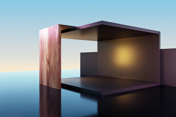Abstract modern geometric structure with wood and metal textures on reflective floor, glowing background. 3D Rendering