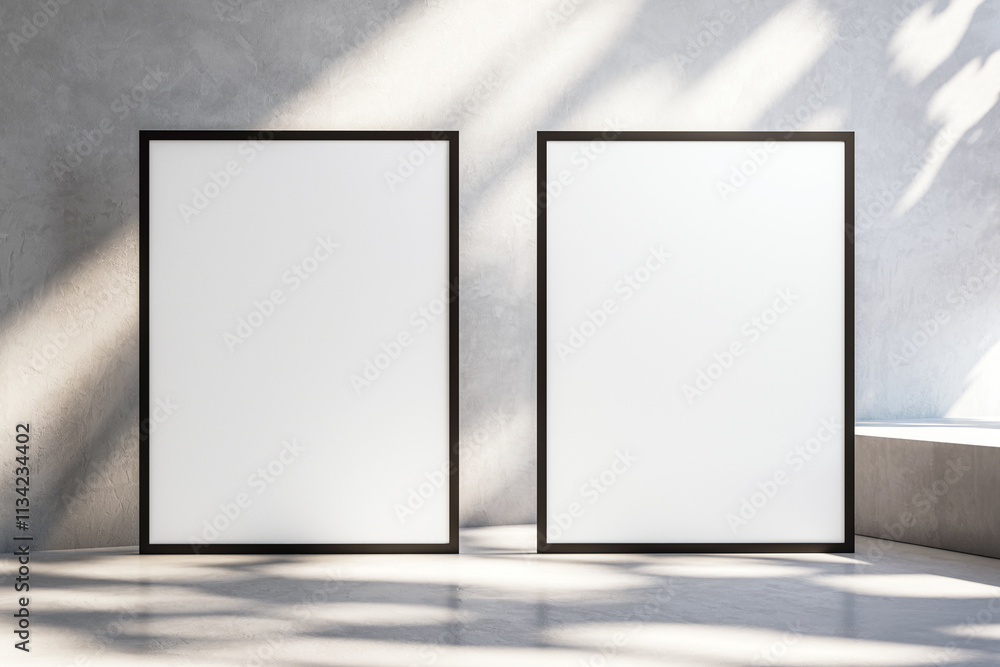 Aufkleber Two blank modern frames standing on the floor against a stucco wall in sunlight, with shadows and empty space for artwork display. 3D Rendering