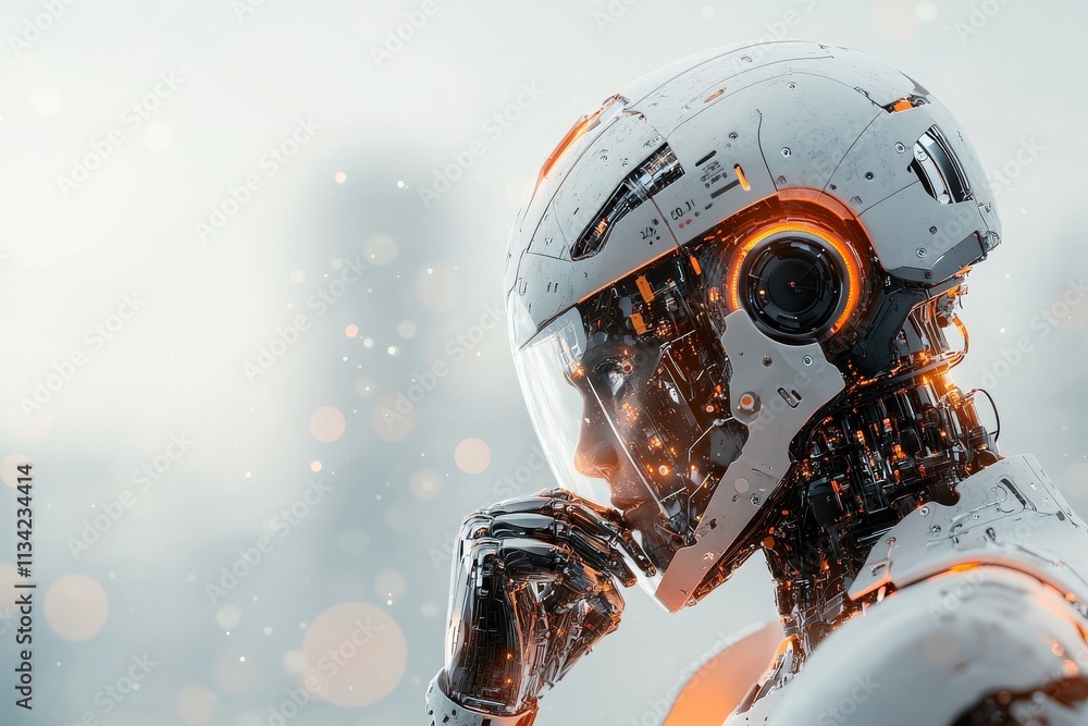 Poster close-up of a futuristic robot reflecting on advanced technology in a sleek design and illuminated e
