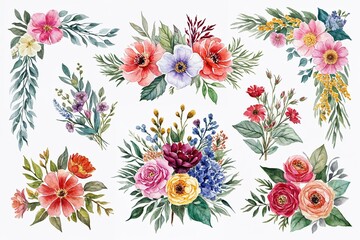 Stunning Watercolor Floral Sketch Collection with Botanical Borders and Bouquets
