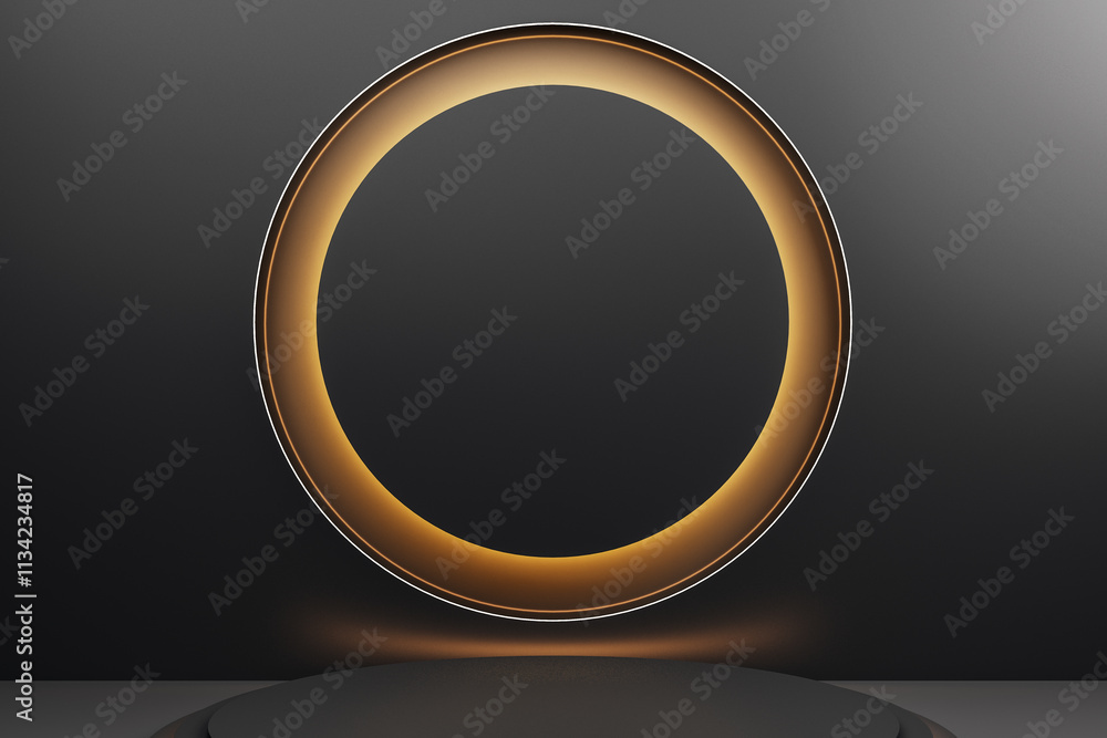 Poster Abstract modern stage with illuminated round circle on dark matte background. Minimal luxury design concept for premium product display. 3D Rendering