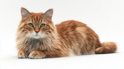 Obraz premium A photorealistic depiction of a long-haired cat with a shimmering golden-brown coat and piercing emerald green eyes, posed majestically on a clean white background. The fur glows softly under diffuse 