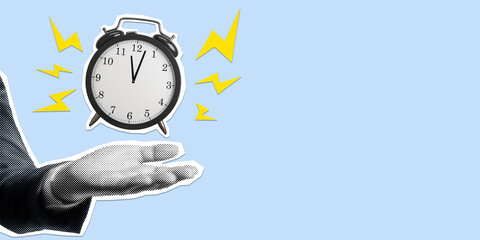 Alarm clock in hand with yellow lightning bolts on blue background.