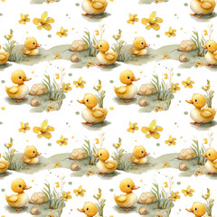 Seamless cute watercolor pattern, cozy yellow cute animal duckling, the cutest print for baby design, baby clothes, bodysuit, topodrom, muslin swaddle, maternity pillow, newborn jumpsuit.