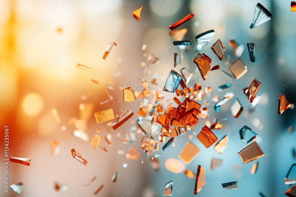 Poster shards of glass suspended in the air create a dynamic and captivating visual effect during a bright 